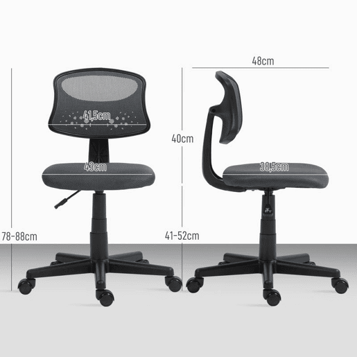 HOMCOM Cadeira de Escritório sem Apoio para os Braços Cadeira de Escritório Giratória com Encosto de Malha Respirável Altura Ajustável Carga 120 kg 43x48x78-88 cm Cinza