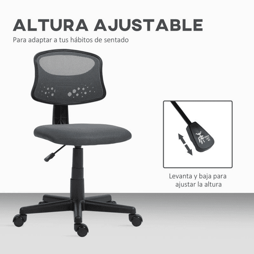 HOMCOM Cadeira de Escritório sem Apoio para os Braços Cadeira de Escritório Giratória com Encosto de Malha Respirável Altura Ajustável Carga 120 kg 43x48x78-88 cm Cinza