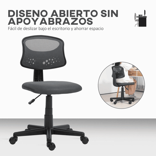 HOMCOM Cadeira de Escritório sem Apoio para os Braços Cadeira de Escritório Giratória com Encosto de Malha Respirável Altura Ajustável Carga 120 kg 43x48x78-88 cm Cinza