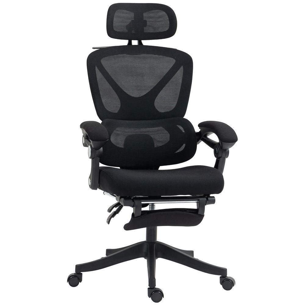 Homcom silla de escritorio de malla silla de oficina reclinable con reposacabezas soporte lumbar reposapiés y altura regulable función de basculante carga 135 kg negro