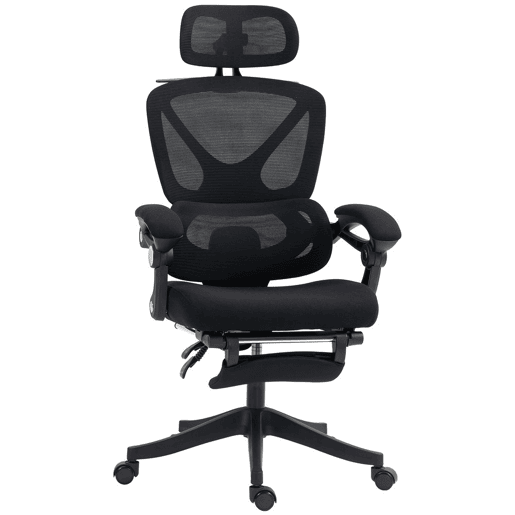 HOMCOM Cadeira de Escritório de Malha Cadeira de Secretária Reclinável com Apoio para a Cabeça Suporte Lombar Apoio para os Pés e Altura Regulável Função de Inclinação Suporta até 135 kg 71x70x109-119 cm Preto