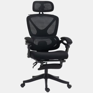 HOMCOM Cadeira de Escritório de Malha Cadeira de Secretária Reclinável com Apoio para a Cabeça Suporte Lombar Apoio para os Pés e Altura Regulável Função de Inclinação Suporta até 135 kg 71x70x109-119 cm Preto