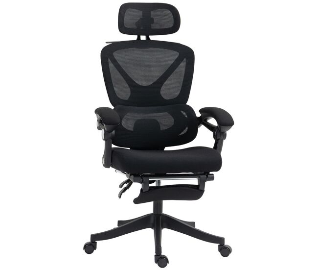 Homcom silla de escritorio de malla silla de oficina reclinable con reposacabezas soporte lumbar reposapiés y altura regulable función de basculante carga 135 kg negro