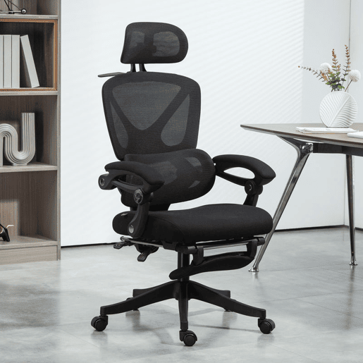 HOMCOM Cadeira de Escritório de Malha Cadeira de Secretária Reclinável com Apoio para a Cabeça Suporte Lombar Apoio para os Pés e Altura Regulável Função de Inclinação Suporta até 135 kg 71x70x109-119 cm Preto