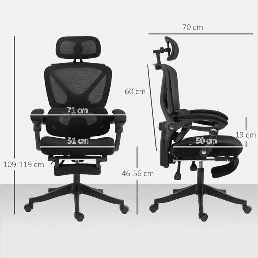 HOMCOM Cadeira de Escritório de Malha Cadeira de Secretária Reclinável com Apoio para a Cabeça Suporte Lombar Apoio para os Pés e Altura Regulável Função de Inclinação Suporta até 135 kg 71x70x109-119 cm Preto