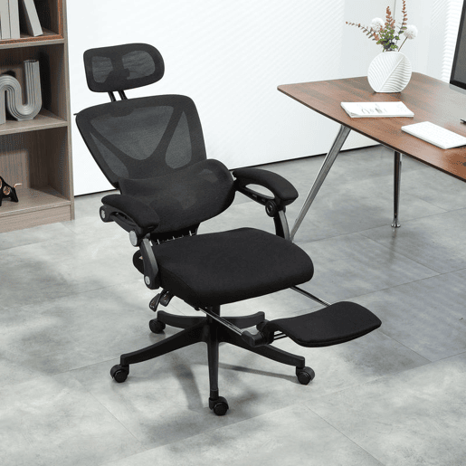 HOMCOM Cadeira de Escritório de Malha Cadeira de Secretária Reclinável com Apoio para a Cabeça Suporte Lombar Apoio para os Pés e Altura Regulável Função de Inclinação Suporta até 135 kg 71x70x109-119 cm Preto