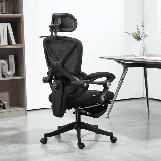 HOMCOM Cadeira de Escritório de Malha Cadeira de Secretária Reclinável com Apoio para a Cabeça Suporte Lombar Apoio para os Pés e Altura Regulável Função de Inclinação Suporta até 135 kg 71x70x109-119 cm Preto