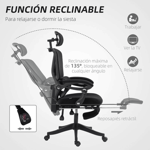 HOMCOM Cadeira de Escritório de Malha Cadeira de Secretária Reclinável com Apoio para a Cabeça Suporte Lombar Apoio para os Pés e Altura Regulável Função de Inclinação Suporta até 135 kg 71x70x109-119 cm Preto