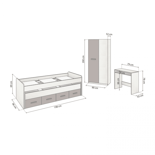 Quarto júnior Axim Max Alpes Brancos - Basalto 198 x 69 x 96 cm