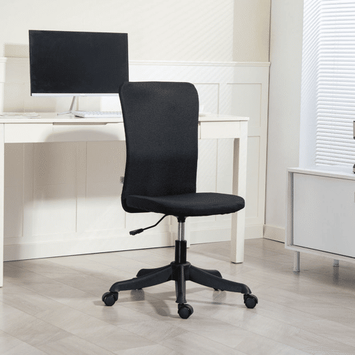 HOMCOM Cadeira de Escritório sem Apoio para os Braços Cadeira de Escritório Giratória Estofada em Linho Sintético com Altura Ajustável para Estudo Dormitório Tocador Carga 120 kg 53x43x85-93 cm Preto