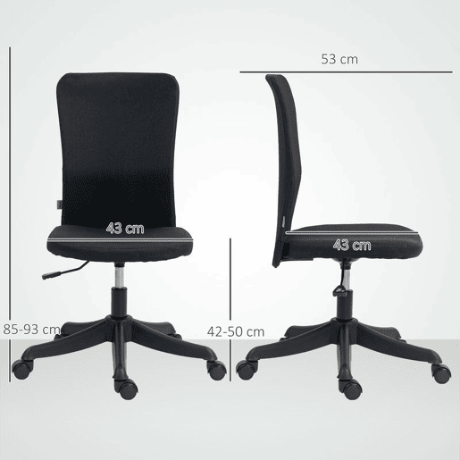 HOMCOM Cadeira de Escritório sem Apoio para os Braços Cadeira de Escritório Giratória Estofada em Linho Sintético com Altura Ajustável para Estudo Dormitório Tocador Carga 120 kg 53x43x85-93 cm Preto