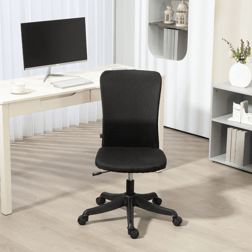HOMCOM Cadeira de Escritório sem Apoio para os Braços Cadeira de Escritório Giratória Estofada em Linho Sintético com Altura Ajustável para Estudo Dormitório Tocador Carga 120 kg 53x43x85-93 cm Preto