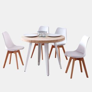 Conjunto de mesa extensível redonda moderna com 4 cadeiras em carvalho nórdico e branco