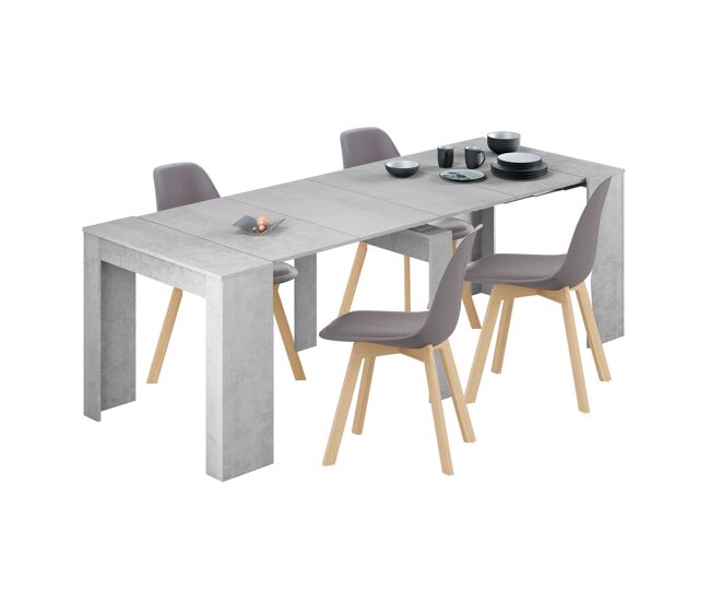 Conjunto de mesa extensible multiposición con 4 sillas en color gris cemento y roble claro