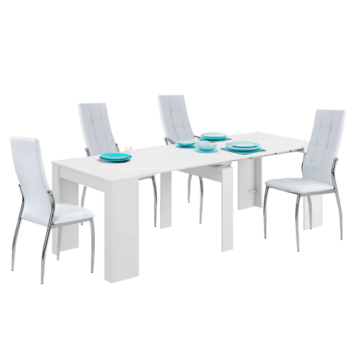 Conjunto de mesa extensível multiposições + 4 cadeiras em branco fosco e prata