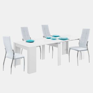 Conjunto de mesa extensível multiposições + 4 cadeiras em branco fosco e prata