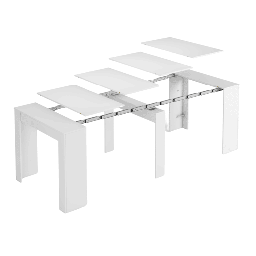 Conjunto de mesa extensível multiposições + 4 cadeiras em branco fosco e prata