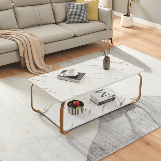 Mesa de centro Kolta 120x60x43 cm com aspeto de mármore, BrancoDourado en.casa