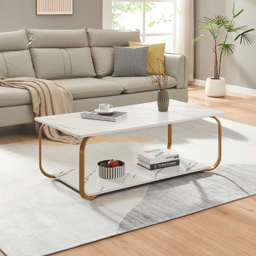 Mesa de centro Kolta 120x60x43 cm com aspeto de mármore, BrancoDourado en.casa