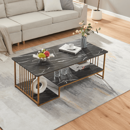 Mesa de centro Klibro 120x60x42 cm com aspeto de mármore, PretoDourado en.casa