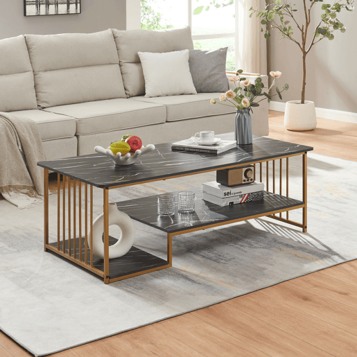Mesa de centro Klibro 120x60x42 cm com aspeto de mármore, PretoDourado en.casa