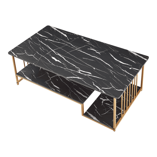 Mesa de centro Klibro 120x60x42 cm com aspeto de mármore, PretoDourado en.casa
