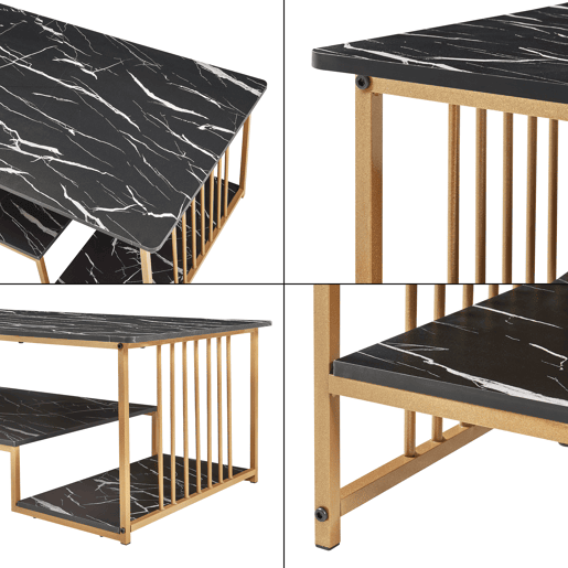 Mesa de centro Klibro 120x60x42 cm com aspeto de mármore, PretoDourado en.casa