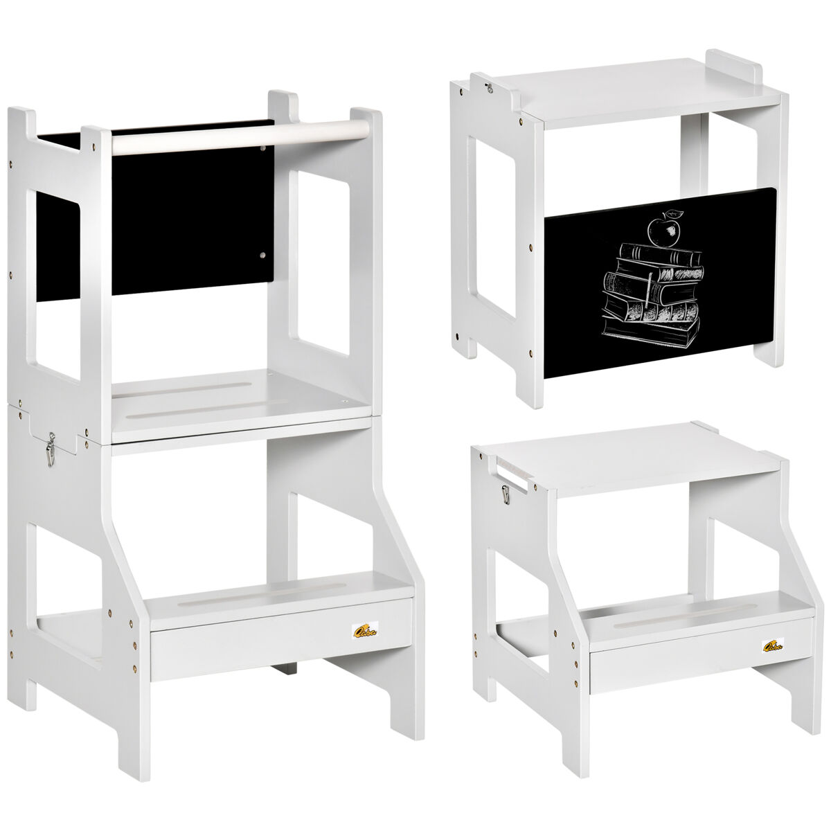 Homcom torre de aprendizaje 2 en 1 taburete de aprendizaje para niños de +3 años convertible en escritorio con pizarra y barra de seguridad 42x44x86 cm gris