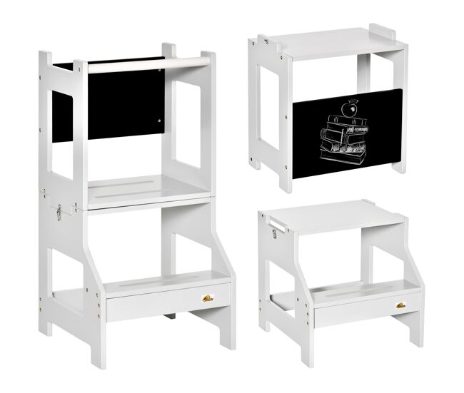 Homcom torre de aprendizaje 2 en 1 taburete de aprendizaje para niños de +3 años convertible en escritorio con pizarra y barra de seguridad 42x44x86 cm gris