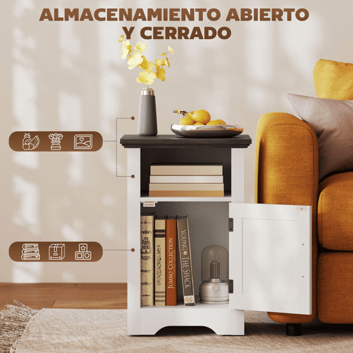 HOMCOM Conjunto de 2 Mesas Auxiliares para Sala Mesas de Cabeceira com Porta Estilo Celeiro e Prateleira Aberta Mesas de Centro Pequenas Rústicas para Dormitório 40x35x60 cm Branco