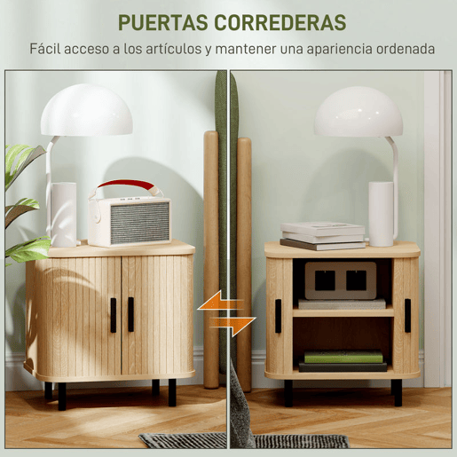 HOMCOM Mesa de Cabeceira Mesa de Cabeceira Quarto com Portas de Correr 2 Prateleiras e Pés em Aço Estilo Escandinavo para Sala 48x40x48 cm Madeira