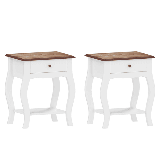HOMCOM Conjunto de 2 Mesas de Cabeceira Mesas de Cabeceira Quarto com Gaveta Estante Aberto e Bancada Efeito Carvalho Estilo Francês para Sala 45x35x55 cm Branco e Carvalho