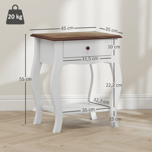 HOMCOM Conjunto de 2 Mesas de Cabeceira Mesas de Cabeceira Quarto com Gaveta Estante Aberto e Bancada Efeito Carvalho Estilo Francês para Sala 45x35x55 cm Branco e Carvalho