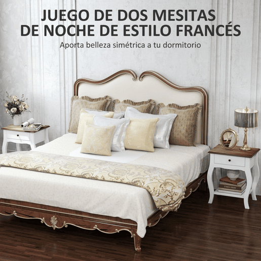 HOMCOM Conjunto de 2 Mesas de Cabeceira Mesas de Cabeceira Quarto com Gaveta Estante Aberto e Bancada Efeito Carvalho Estilo Francês para Sala 45x35x55 cm Branco e Carvalho