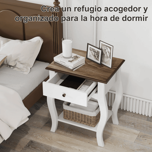 HOMCOM Conjunto de 2 Mesas de Cabeceira Mesas de Cabeceira Quarto com Gaveta Estante Aberto e Bancada Efeito Carvalho Estilo Francês para Sala 45x35x55 cm Branco e Carvalho