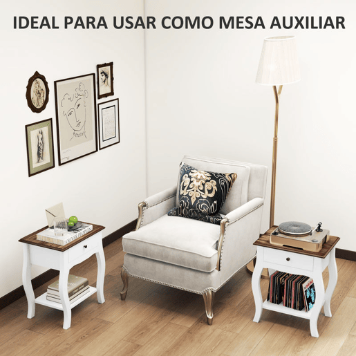 HOMCOM Conjunto de 2 Mesas de Cabeceira Mesas de Cabeceira Quarto com Gaveta Estante Aberto e Bancada Efeito Carvalho Estilo Francês para Sala 45x35x55 cm Branco e Carvalho