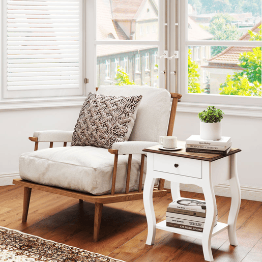 HOMCOM Conjunto de 2 Mesas de Cabeceira Mesas de Cabeceira Quarto com Gaveta Estante Aberto e Bancada Efeito Carvalho Estilo Francês para Sala 45x35x55 cm Branco e Carvalho