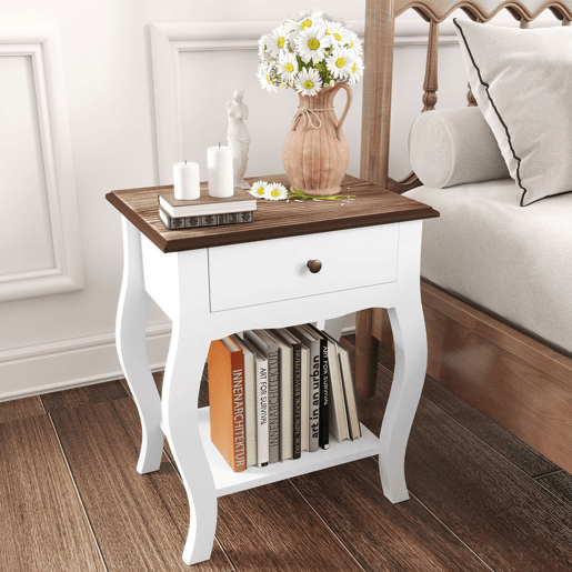 HOMCOM Conjunto de 2 Mesas de Cabeceira Mesas de Cabeceira Quarto com Gaveta Estante Aberto e Bancada Efeito Carvalho Estilo Francês para Sala 45x35x55 cm Branco e Carvalho