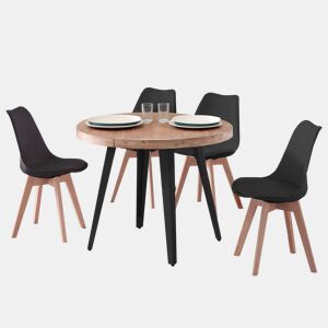 Conjunto de mesa redonda extensível com 4 cadeiras estilo industrial em carvalho nórdico e preto