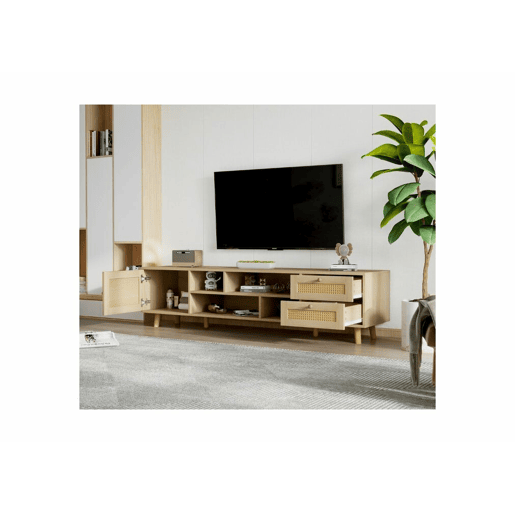 Móvel TV efeito madeira e rattan com 2 gavetas, 1 porta e nichos de arrumação