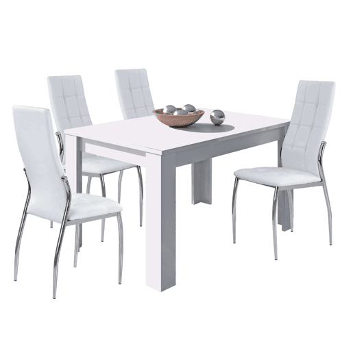 Conjunto de mesa extensível + 4 cadeiras em branco fosco e prata