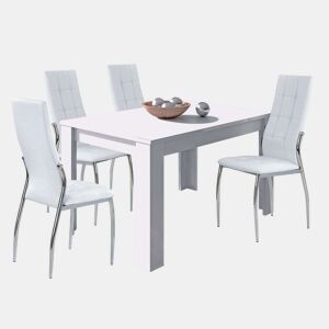 Conjunto de mesa extensível + 4 cadeiras em branco fosco e prata