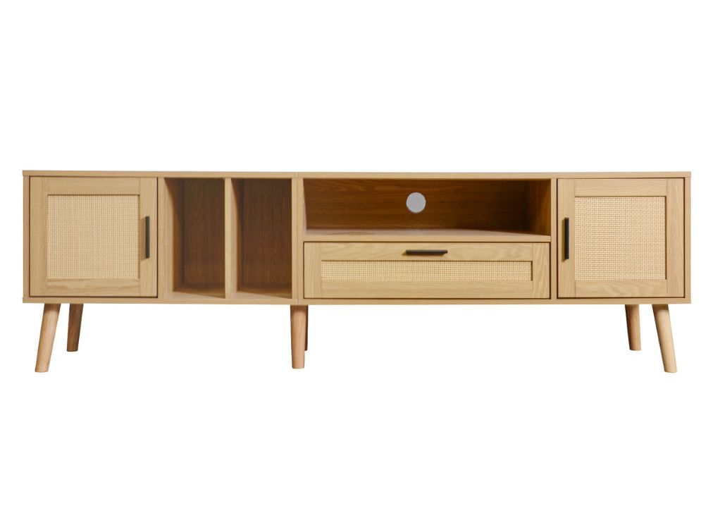 Mueble de TV efecto madera con decoración de ratán