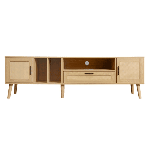 Móvel TV efeito madeira com decoração em rattan, 2 portas e uma gaveta, 180cm