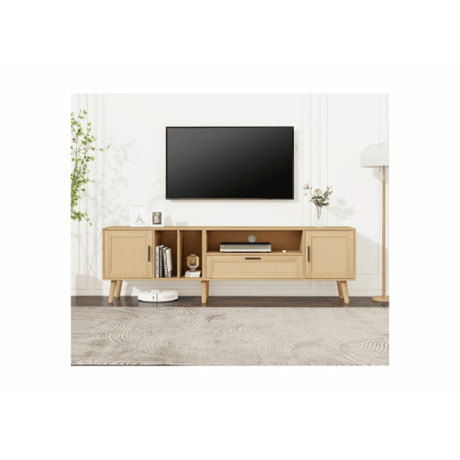 Móvel TV efeito madeira com decoração em rattan, 2 portas e uma gaveta, 180cm