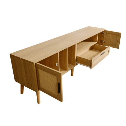 Móvel TV efeito madeira com decoração em rattan, 2 portas e uma gaveta, 180cm