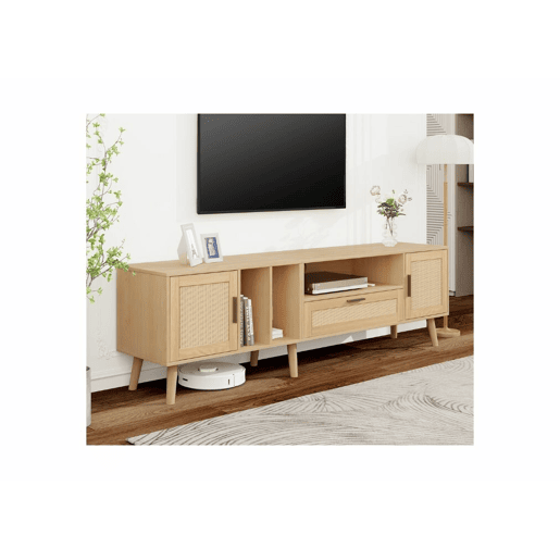 Móvel TV efeito madeira com decoração em rattan, 2 portas e uma gaveta, 180cm