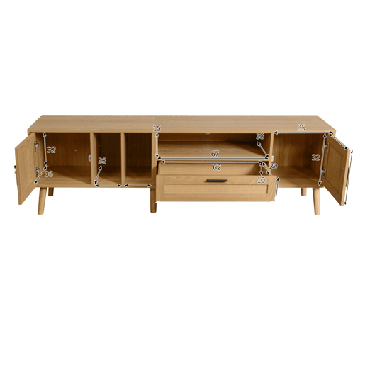 Móvel TV efeito madeira com decoração em rattan, 2 portas e uma gaveta, 180cm