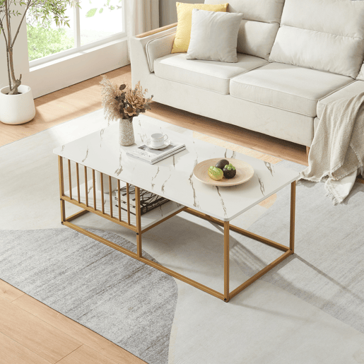 Mesa de centro Raukurg com prateleira 120x60x44 cm Mármore branco en.casa