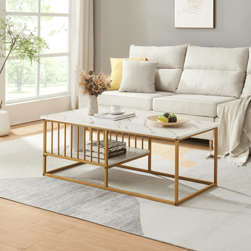 Mesa de centro Raukurg com prateleira 120x60x44 cm Mármore branco en.casa